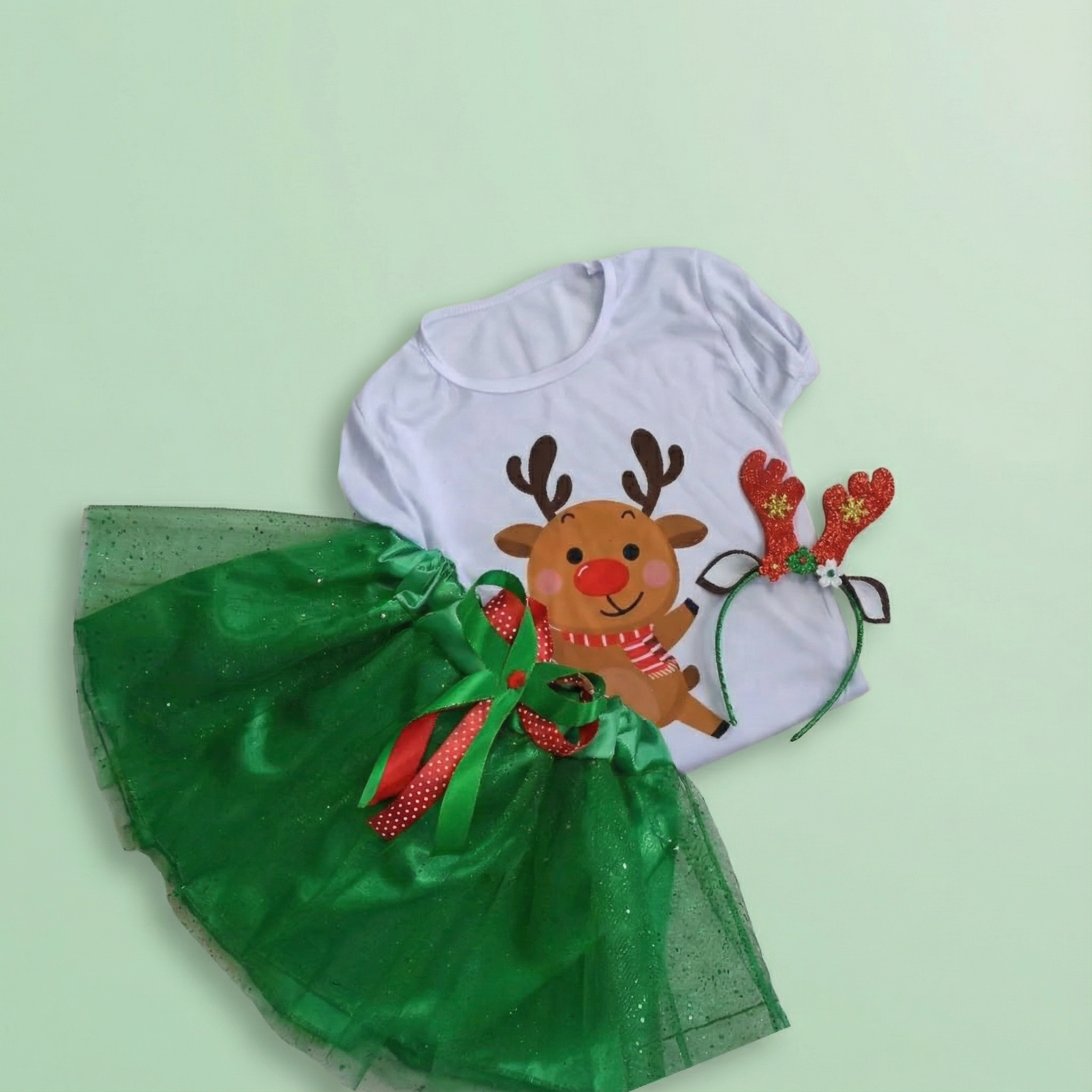 Conjunto Tutu Verde Navidad Reno Cafe