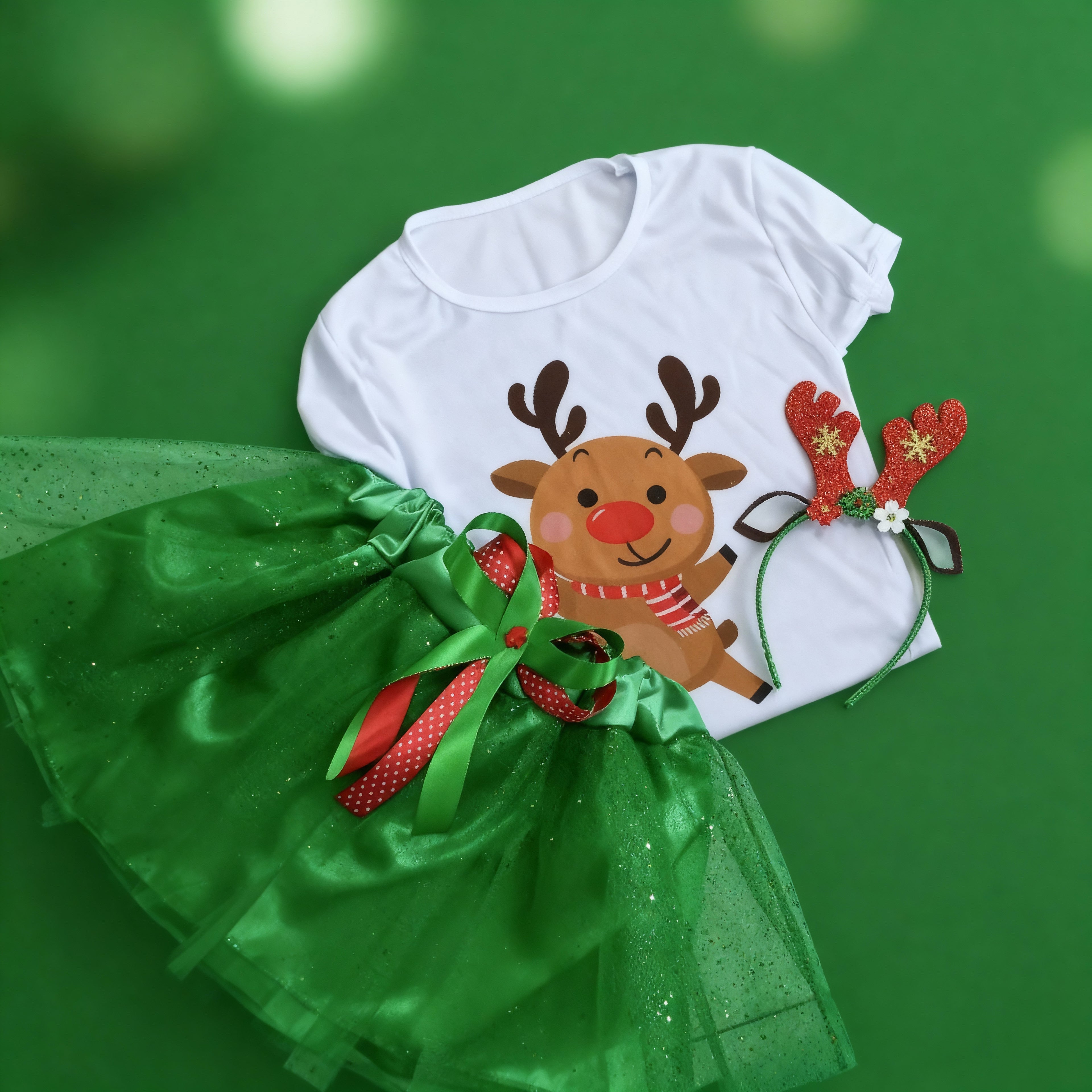 Conjunto Tutu Verde Navidad Reno Cafe